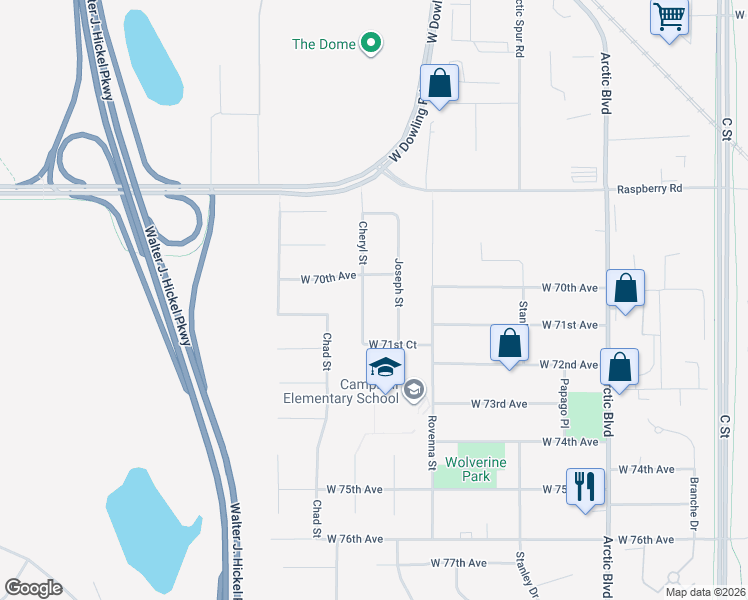 map of restaurants, bars, coffee shops, grocery stores, and more near 7041 Cheryl Street in Anchorage