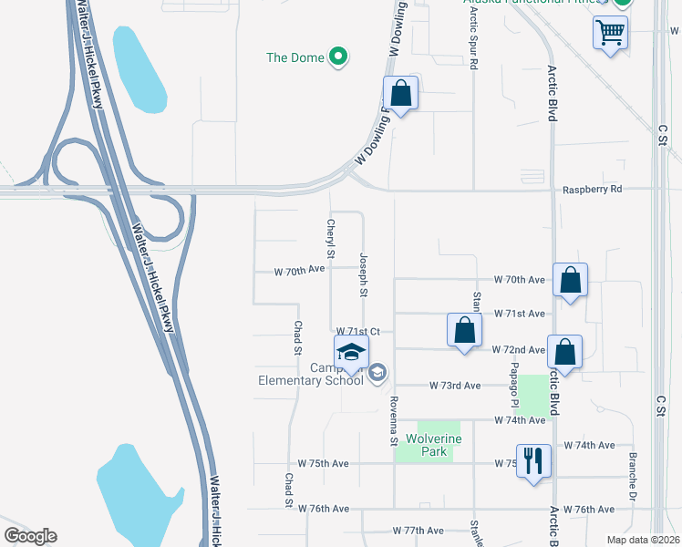 map of restaurants, bars, coffee shops, grocery stores, and more near 6901 Cheryl Street in Anchorage