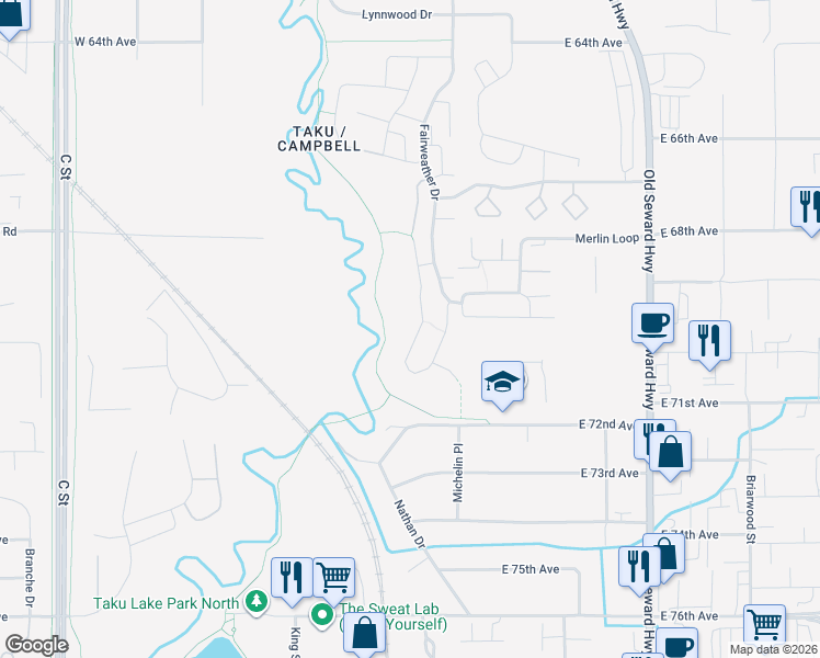 map of restaurants, bars, coffee shops, grocery stores, and more near 7050 Fairweather Park Loop in Anchorage