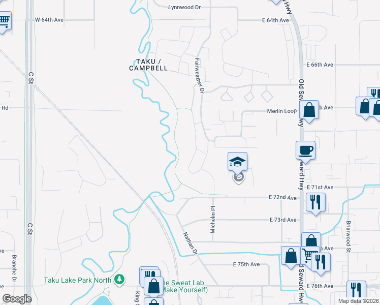 map of restaurants, bars, coffee shops, grocery stores, and more near 7050 Fairweather Park Loop in Anchorage