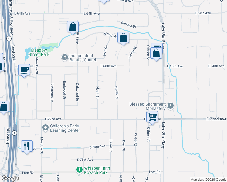 map of restaurants, bars, coffee shops, grocery stores, and more near 6930 Stella Place in Anchorage