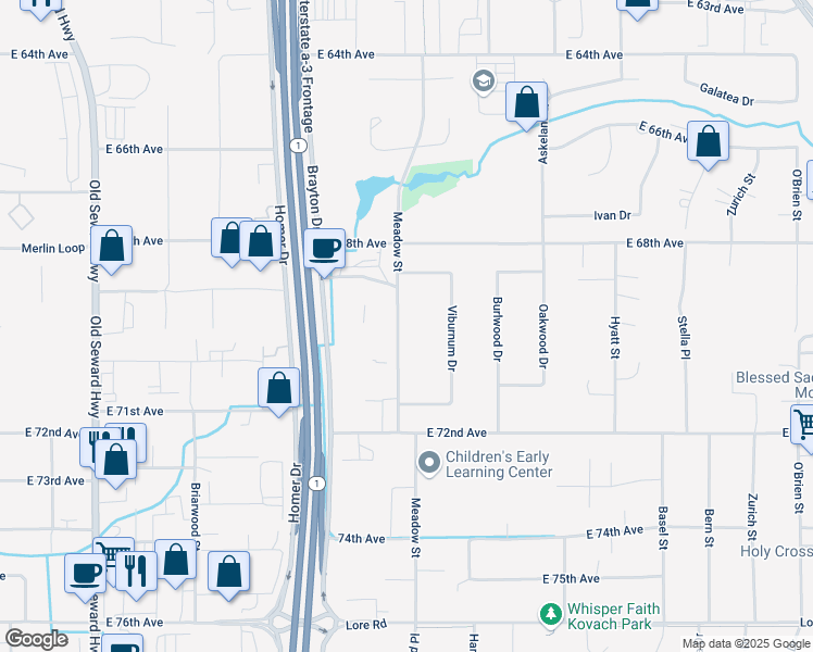 map of restaurants, bars, coffee shops, grocery stores, and more near 6923 Meadow Street in Anchorage