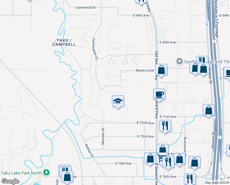 map of restaurants, bars, coffee shops, grocery stores, and more near 6907 Briar Loop in Anchorage