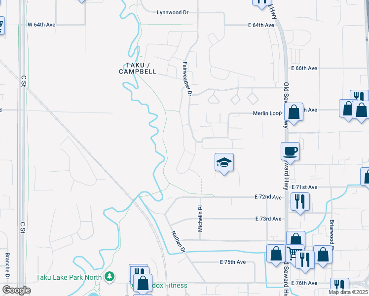 map of restaurants, bars, coffee shops, grocery stores, and more near 7112 Fairweather Park Loop in Anchorage