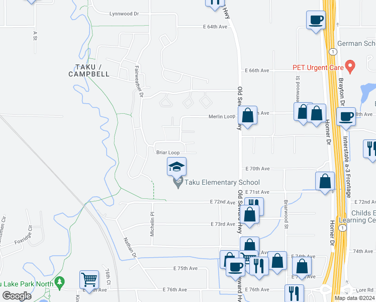 map of restaurants, bars, coffee shops, grocery stores, and more near 713 Bridgestone Court in Anchorage