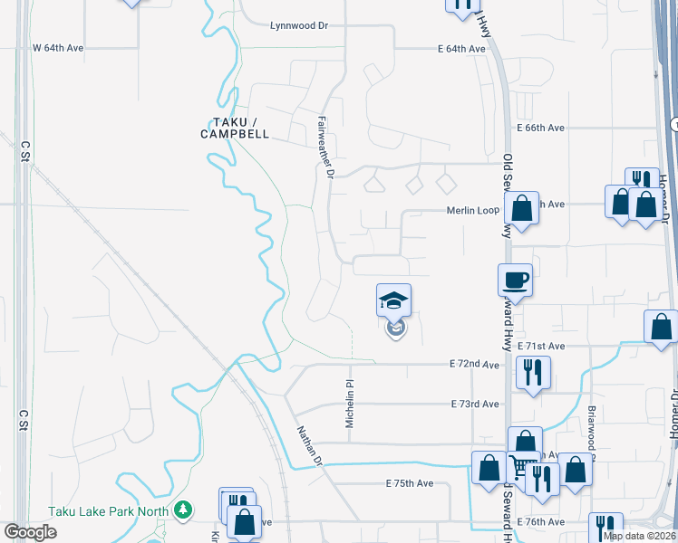 map of restaurants, bars, coffee shops, grocery stores, and more near 7144 Fairweather Drive in Anchorage