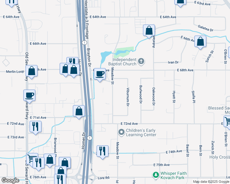 map of restaurants, bars, coffee shops, grocery stores, and more near 6923 Meadow Street in Anchorage