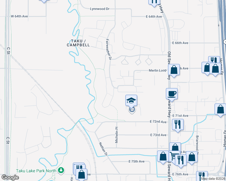 map of restaurants, bars, coffee shops, grocery stores, and more near 7144 Fairweather Drive in Anchorage