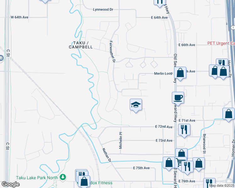 map of restaurants, bars, coffee shops, grocery stores, and more near 7187 Fairweather Park Loop in Anchorage