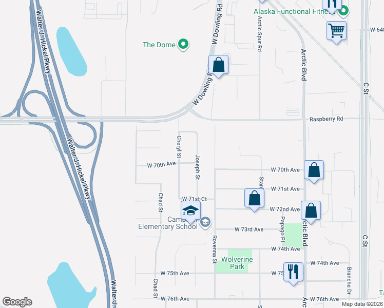 map of restaurants, bars, coffee shops, grocery stores, and more near 6901 Joseph Street in Anchorage