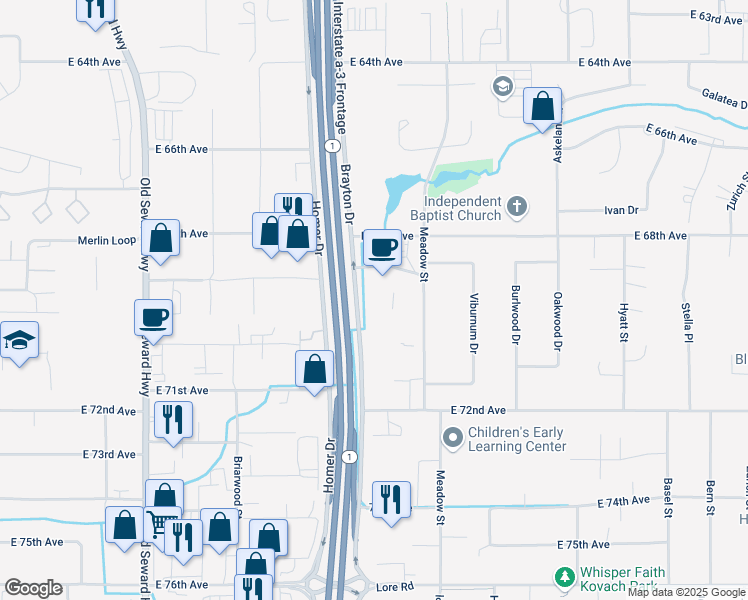 map of restaurants, bars, coffee shops, grocery stores, and more near 6934 Meadow Street in Anchorage
