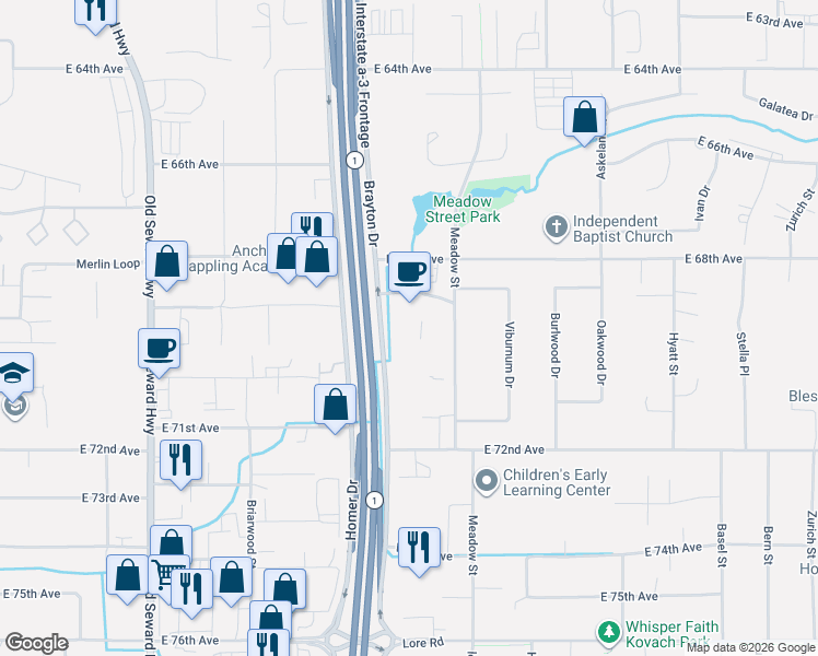 map of restaurants, bars, coffee shops, grocery stores, and more near 6921 Brayton Drive in Anchorage