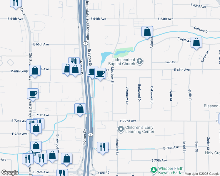 map of restaurants, bars, coffee shops, grocery stores, and more near 6930 Meadow Street in Anchorage