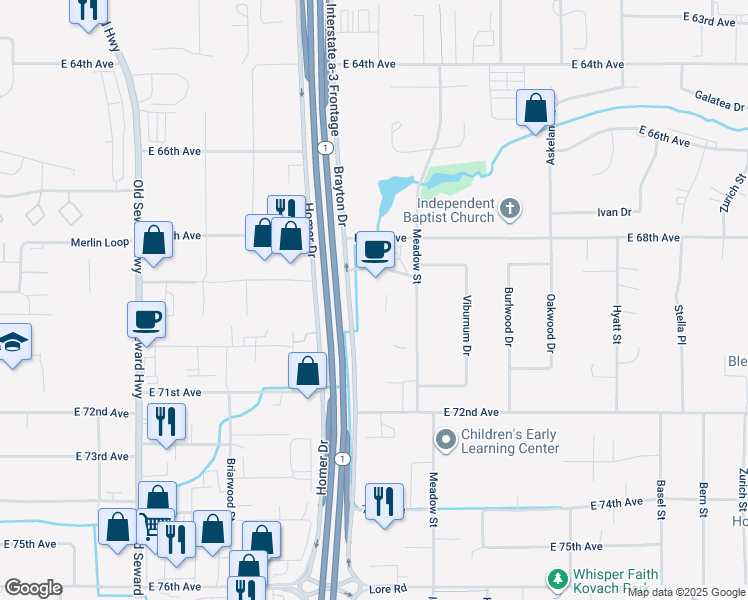 map of restaurants, bars, coffee shops, grocery stores, and more near 6921 Brayton Drive in Anchorage