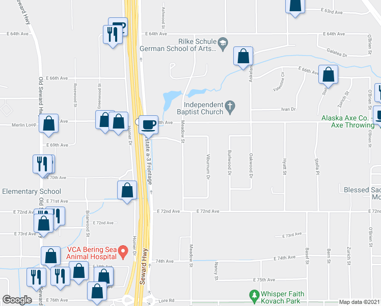 map of restaurants, bars, coffee shops, grocery stores, and more near 6923 Meadow Street in Anchorage