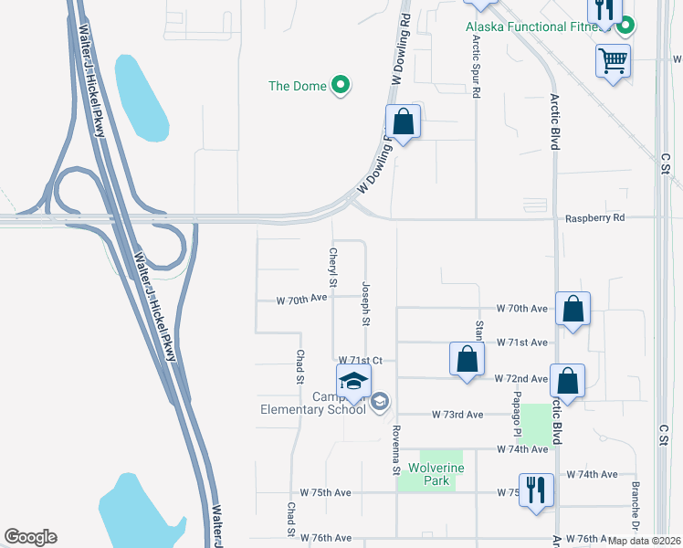 map of restaurants, bars, coffee shops, grocery stores, and more near 6901 Cheryl Street in Anchorage