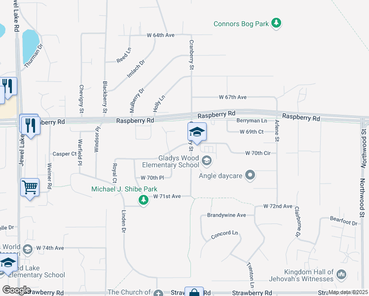 map of restaurants, bars, coffee shops, grocery stores, and more near 6900 Cranberry Street in Anchorage