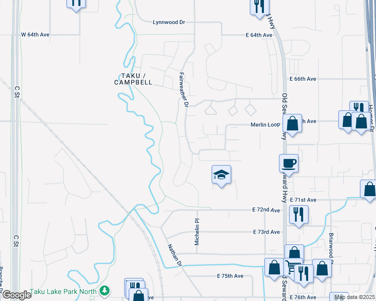 map of restaurants, bars, coffee shops, grocery stores, and more near 7144 Fairweather Drive in Anchorage