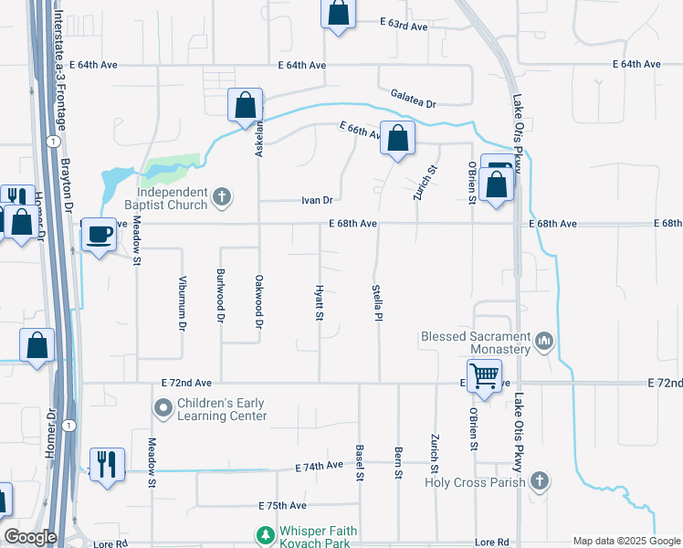 map of restaurants, bars, coffee shops, grocery stores, and more near 6901 Hyatt Street in Anchorage