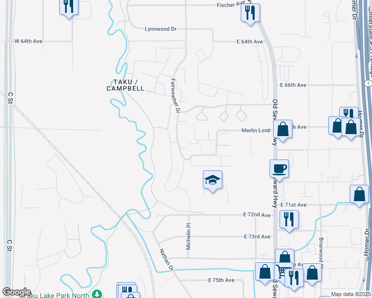 map of restaurants, bars, coffee shops, grocery stores, and more near 7144 Fairweather Drive in Anchorage