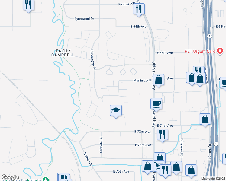 map of restaurants, bars, coffee shops, grocery stores, and more near 6907 Briar Loop in Anchorage