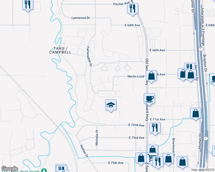 map of restaurants, bars, coffee shops, grocery stores, and more near 6907 Briar Loop in Anchorage