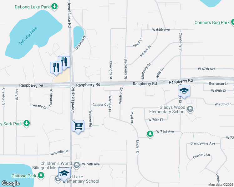 map of restaurants, bars, coffee shops, grocery stores, and more near 6939 Warfield Place in Anchorage
