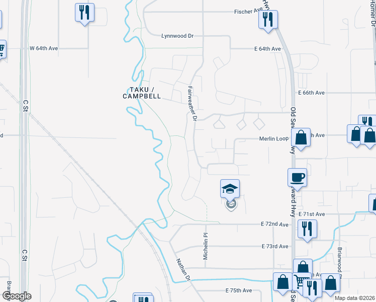 map of restaurants, bars, coffee shops, grocery stores, and more near 7050 Fairweather Park Loop in Anchorage