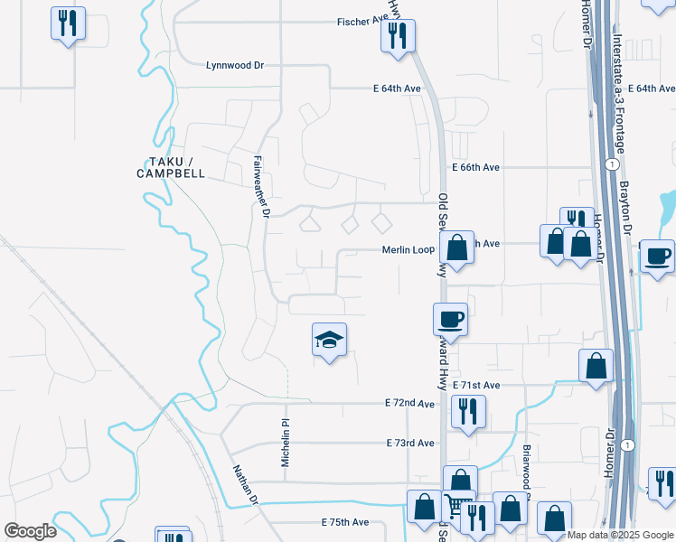 map of restaurants, bars, coffee shops, grocery stores, and more near 6907 Briar Loop in Anchorage