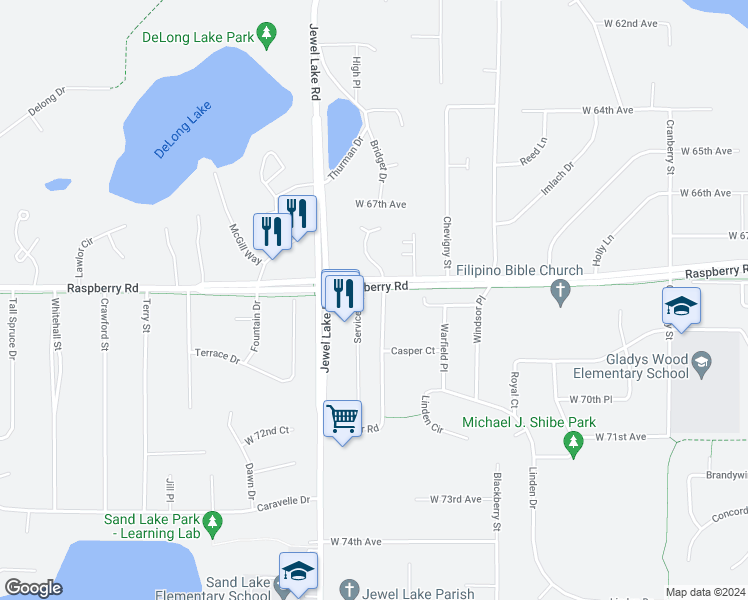 map of restaurants, bars, coffee shops, grocery stores, and more near 6800 Weimer Road in Anchorage