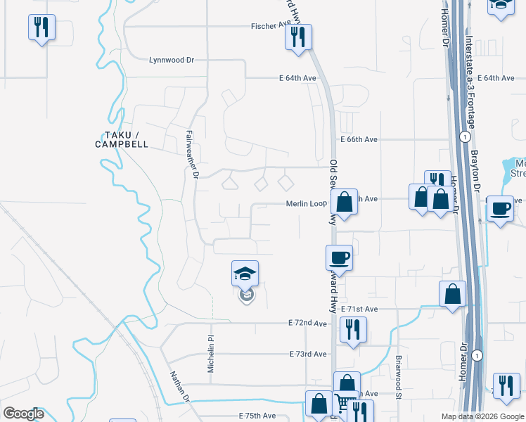 map of restaurants, bars, coffee shops, grocery stores, and more near 501 Copperbush Court in Anchorage