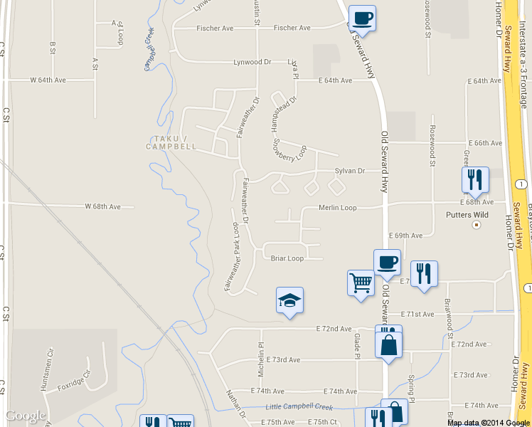 map of restaurants, bars, coffee shops, grocery stores, and more near 1009 Wildrose Court in Anchorage
