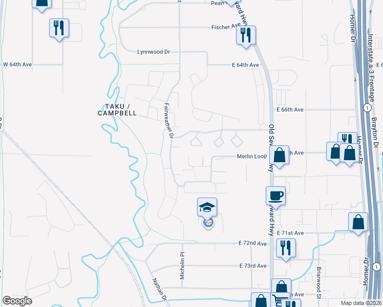 map of restaurants, bars, coffee shops, grocery stores, and more near 1009 Wildrose Court in Anchorage