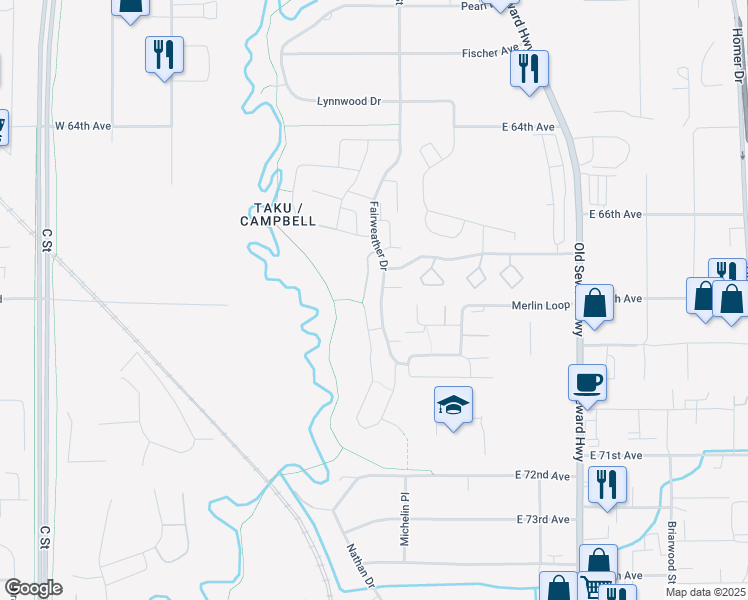 map of restaurants, bars, coffee shops, grocery stores, and more near 6956 Fairweather Drive in Anchorage
