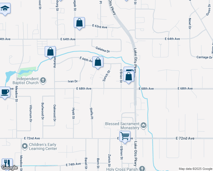 map of restaurants, bars, coffee shops, grocery stores, and more near 2401 East 68th Avenue in Anchorage