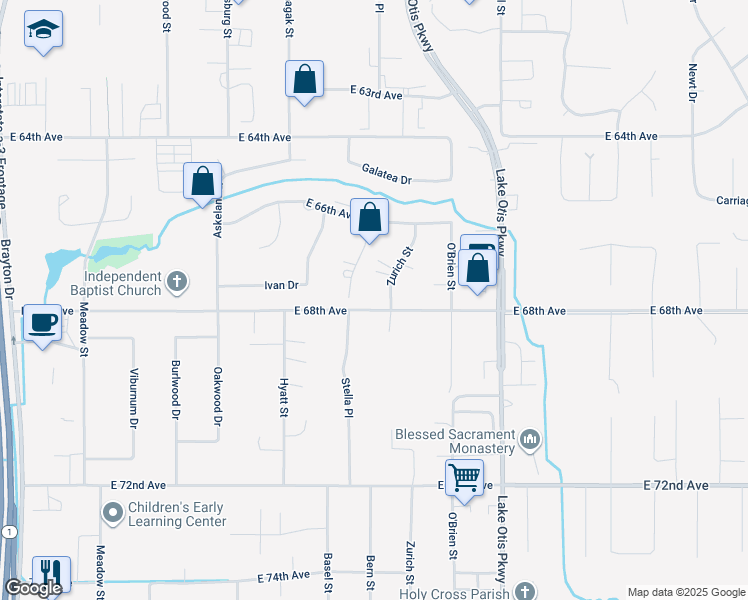 map of restaurants, bars, coffee shops, grocery stores, and more near 6730 Zurich Street in Anchorage