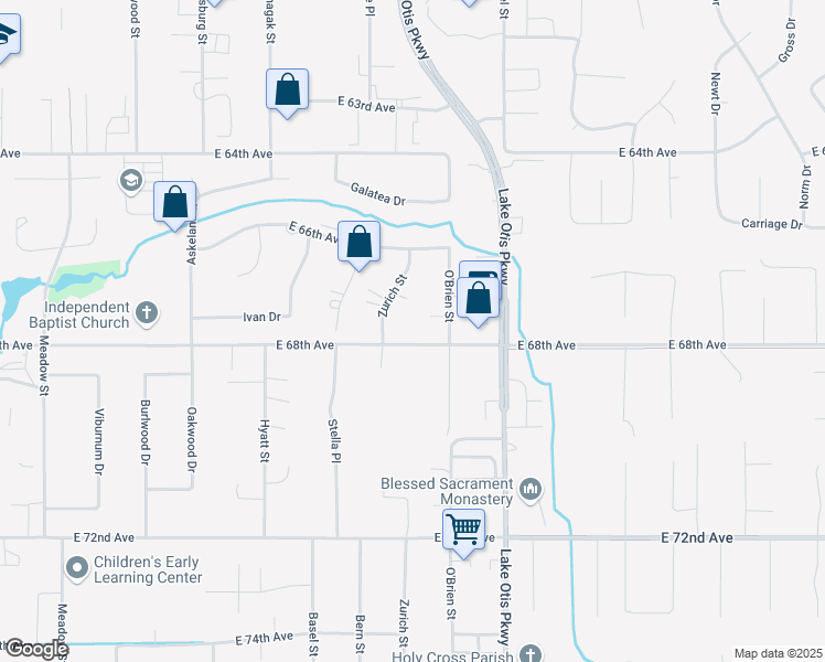 map of restaurants, bars, coffee shops, grocery stores, and more near 2401 E 68th Ave in Anchorage
