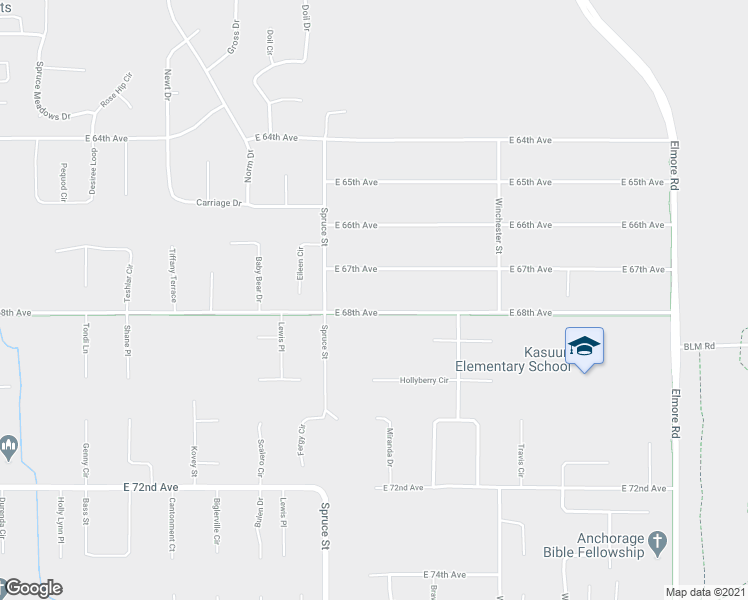 map of restaurants, bars, coffee shops, grocery stores, and more near 3447 East 68th Avenue in Anchorage