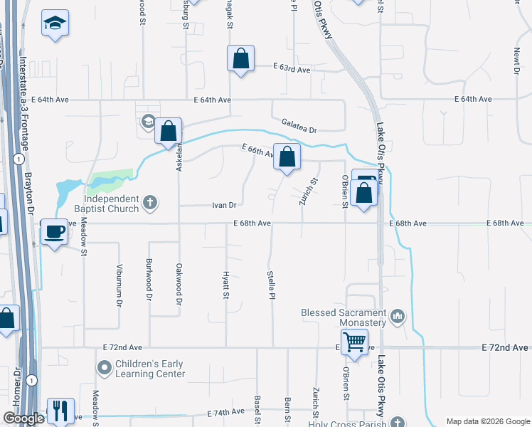 map of restaurants, bars, coffee shops, grocery stores, and more near 6732 Stella Place in Anchorage