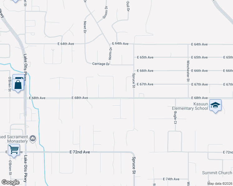 map of restaurants, bars, coffee shops, grocery stores, and more near 6731 Baby Bear Drive in Anchorage
