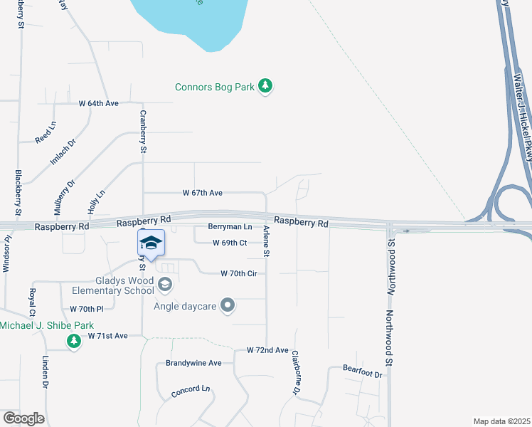 map of restaurants, bars, coffee shops, grocery stores, and more near Raspberry Road & Arlene Street in Anchorage