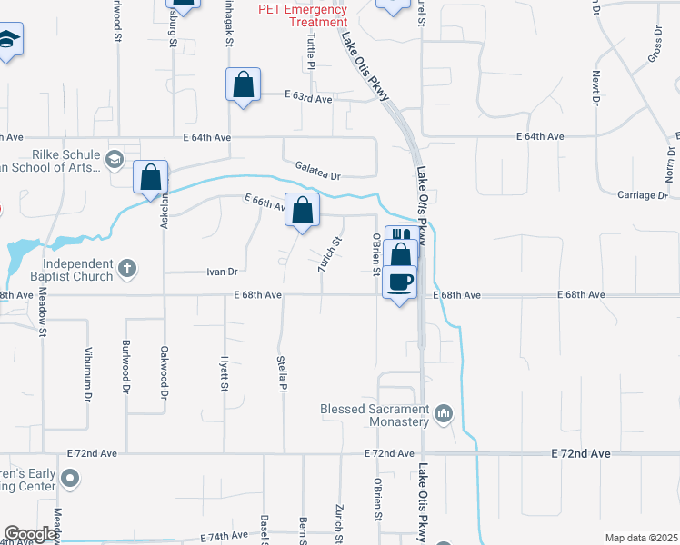 map of restaurants, bars, coffee shops, grocery stores, and more near 2401 East 68th Avenue in Anchorage