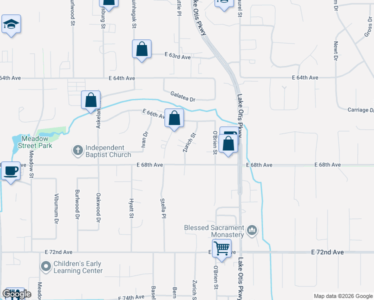 map of restaurants, bars, coffee shops, grocery stores, and more near 6730 Zurich Street in Anchorage