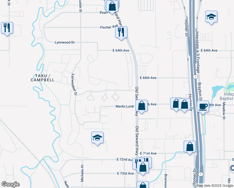 map of restaurants, bars, coffee shops, grocery stores, and more near 203 Sweetgale Court in Anchorage