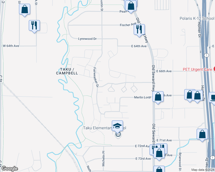 map of restaurants, bars, coffee shops, grocery stores, and more near 1009 Wildrose Court in Anchorage