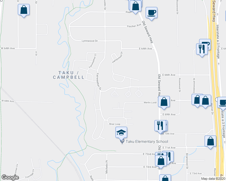 map of restaurants, bars, coffee shops, grocery stores, and more near 1111 Wildrose Court in Anchorage