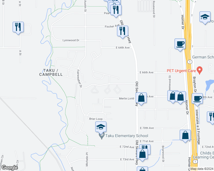 map of restaurants, bars, coffee shops, grocery stores, and more near 606 Copperbush Court in Anchorage