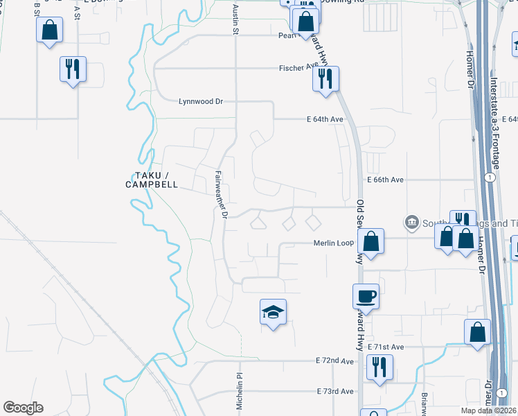 map of restaurants, bars, coffee shops, grocery stores, and more near 1009 Wildrose Court in Anchorage