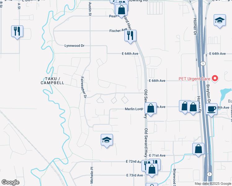 map of restaurants, bars, coffee shops, grocery stores, and more near Sylvan Drive in Anchorage
