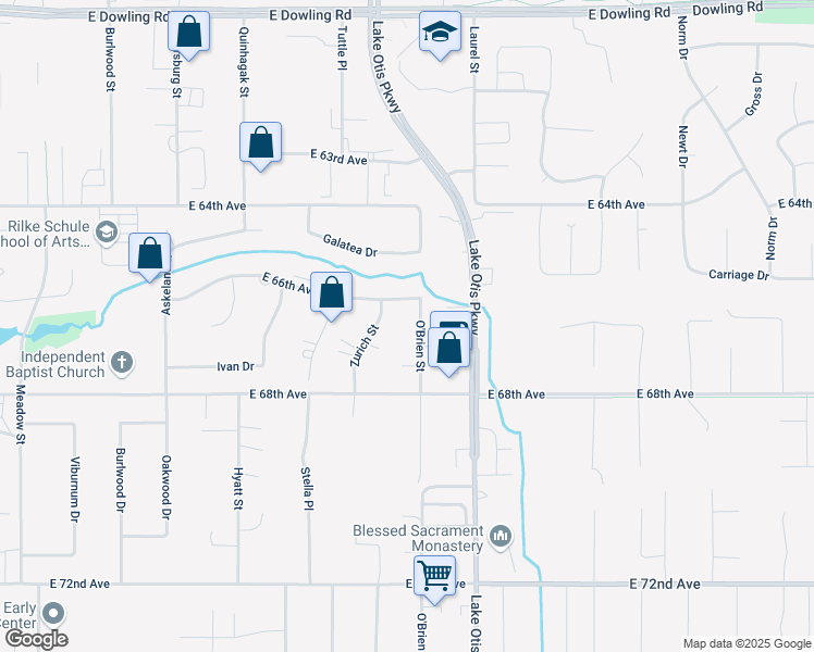 map of restaurants, bars, coffee shops, grocery stores, and more near 6646 O'Brien Street in Anchorage